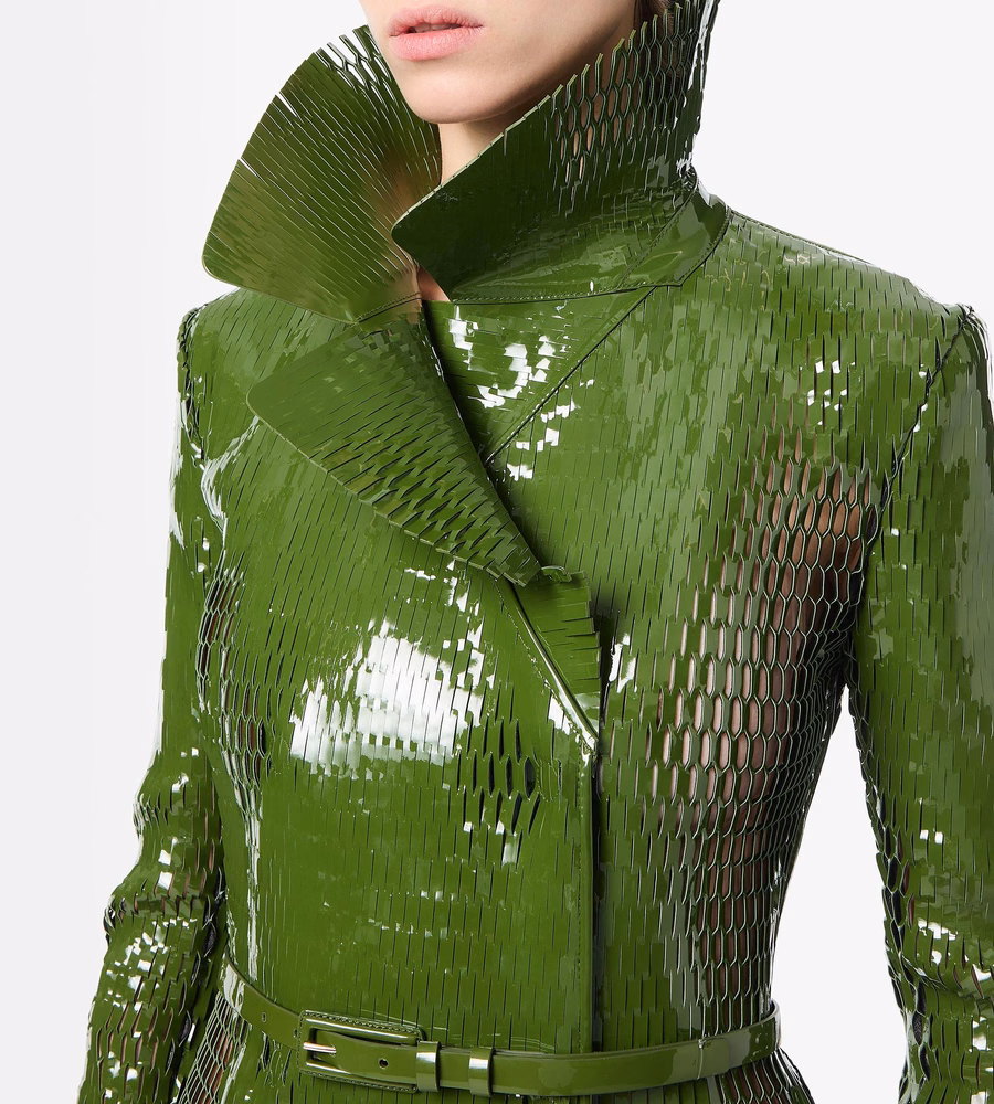 PERFORATED PATENT CALF LEATHER DOUBLE BREASTED TRENCH COAT WITH SELF BELT