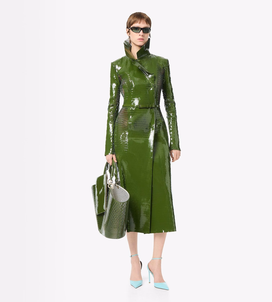 PERFORATED PATENT CALF LEATHER DOUBLE BREASTED TRENCH COAT WITH SELF BELT