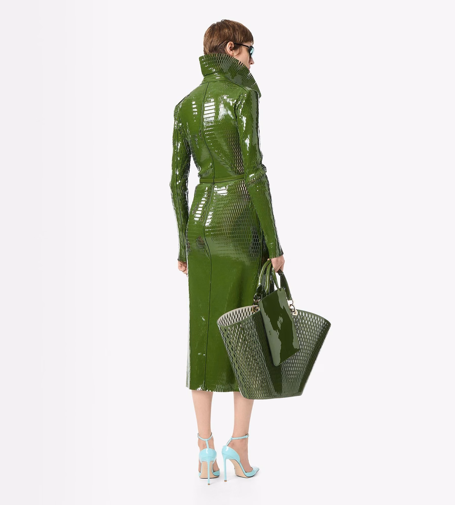 PERFORATED PATENT CALF LEATHER DOUBLE BREASTED TRENCH COAT WITH SELF BELT