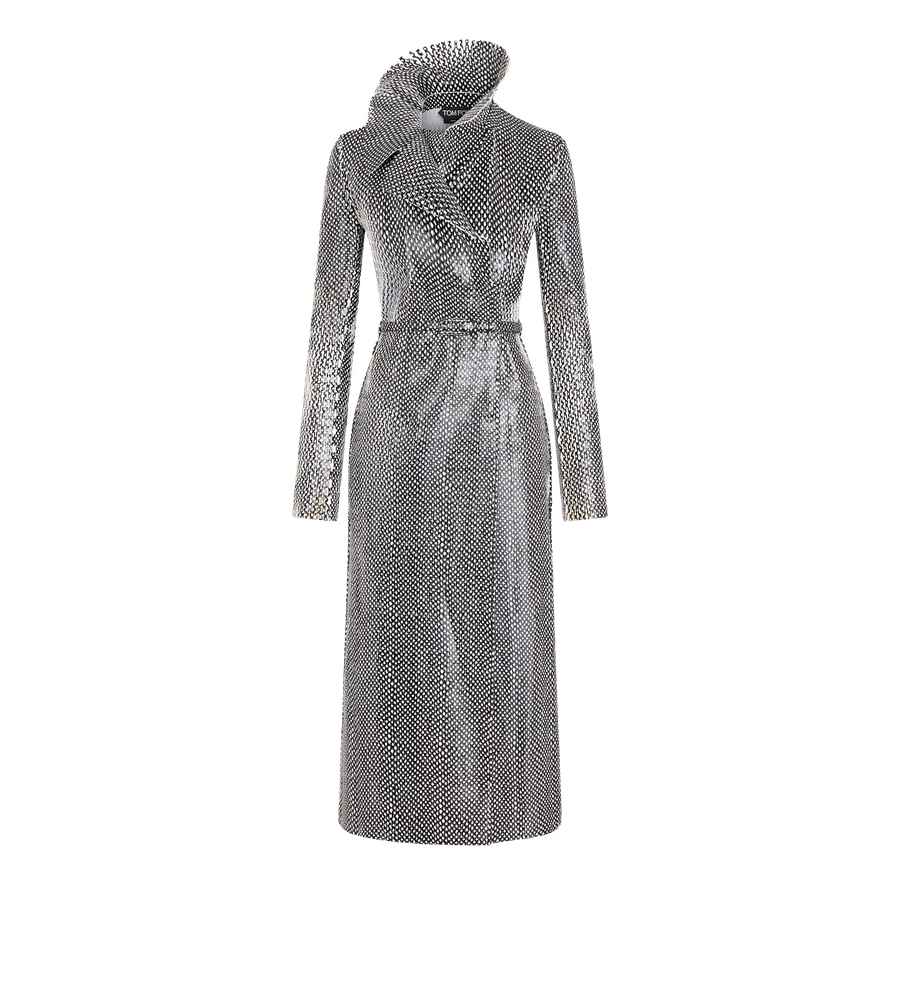 PRINTED PERFORATED CALF LEATHER DOUBLE BREASTED TRENCH COAT WITH SELF BELT