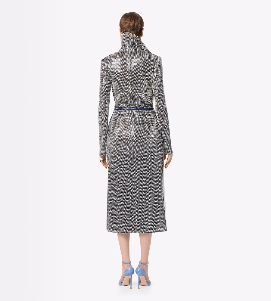 PRINTED PERFORATED CALF LEATHER DOUBLE BREASTED TRENCH COAT WITH SELF BELT