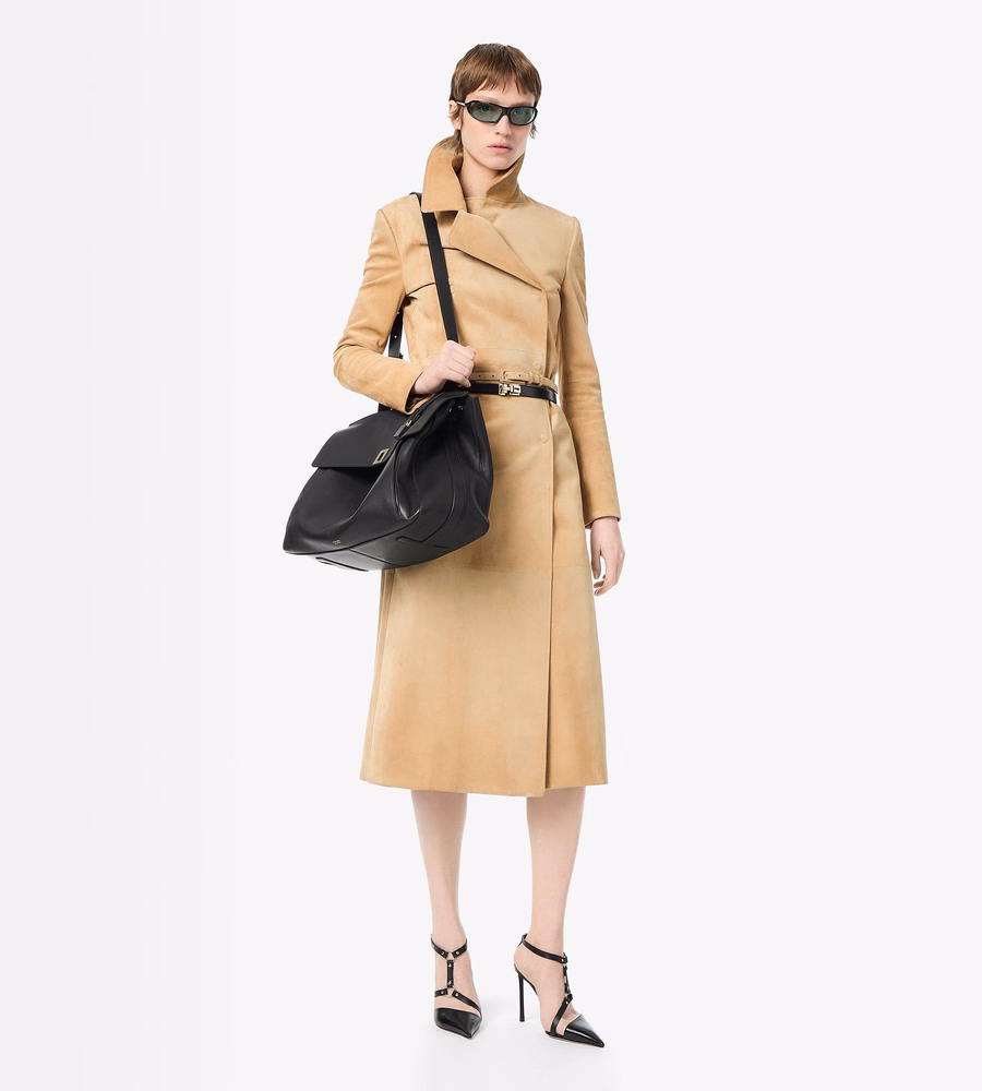 DOUBLE BREASTED SUEDE TRENCH COAT WITH SELF BELT