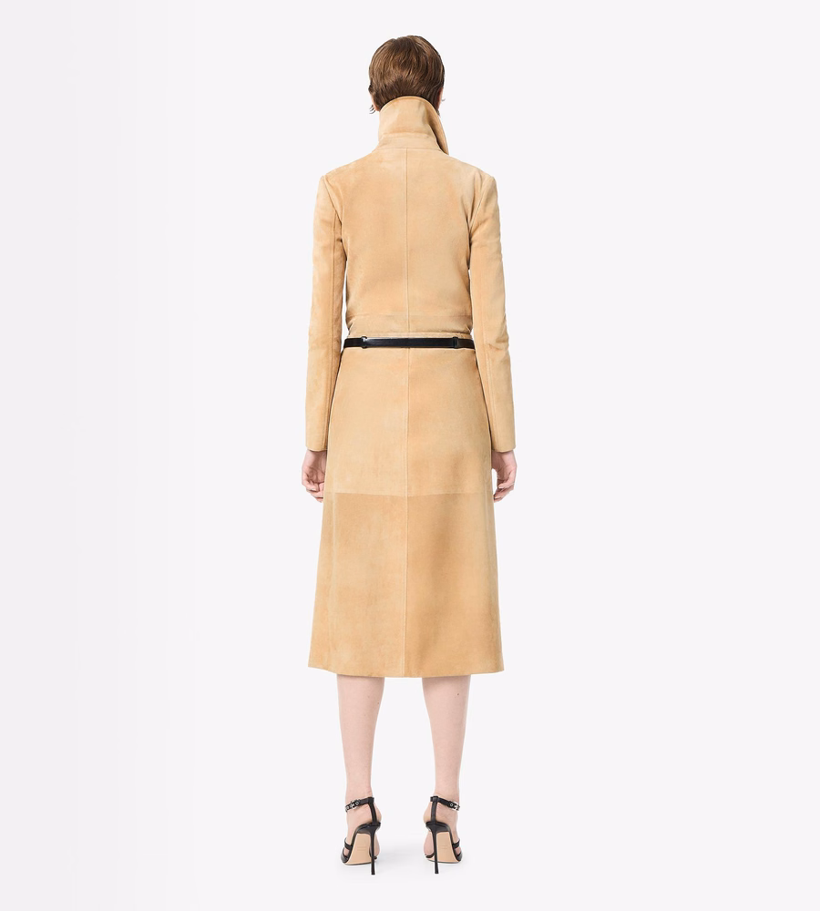 DOUBLE BREASTED SUEDE TRENCH COAT WITH SELF BELT