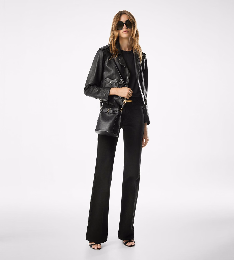 SHINY PLONGE LEATHER BIKER JACKET