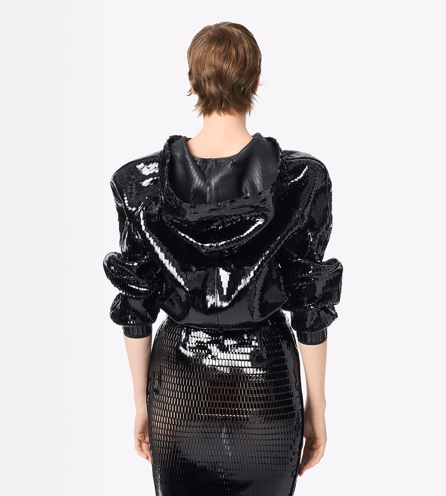 PERFORATED PATENT CALF LEATHER HOODED BOMBER JACKET