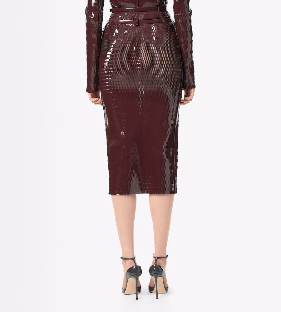 PERFORATED PATENT CALF LEATHER PENCIL SKIRT WITH SELF BELT