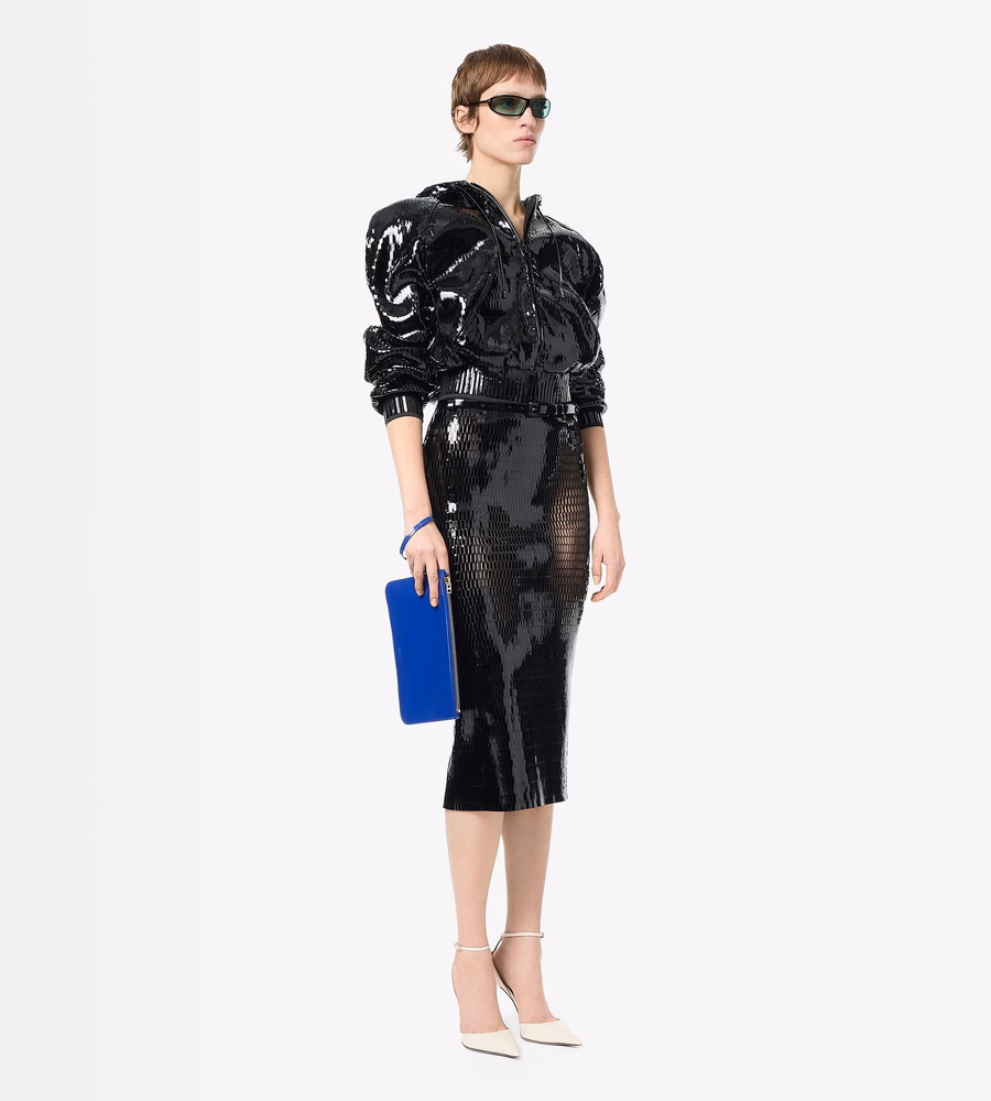 PERFORATED PATENT CALF LEATHER PENCIL SKIRT WITH SELF BELT