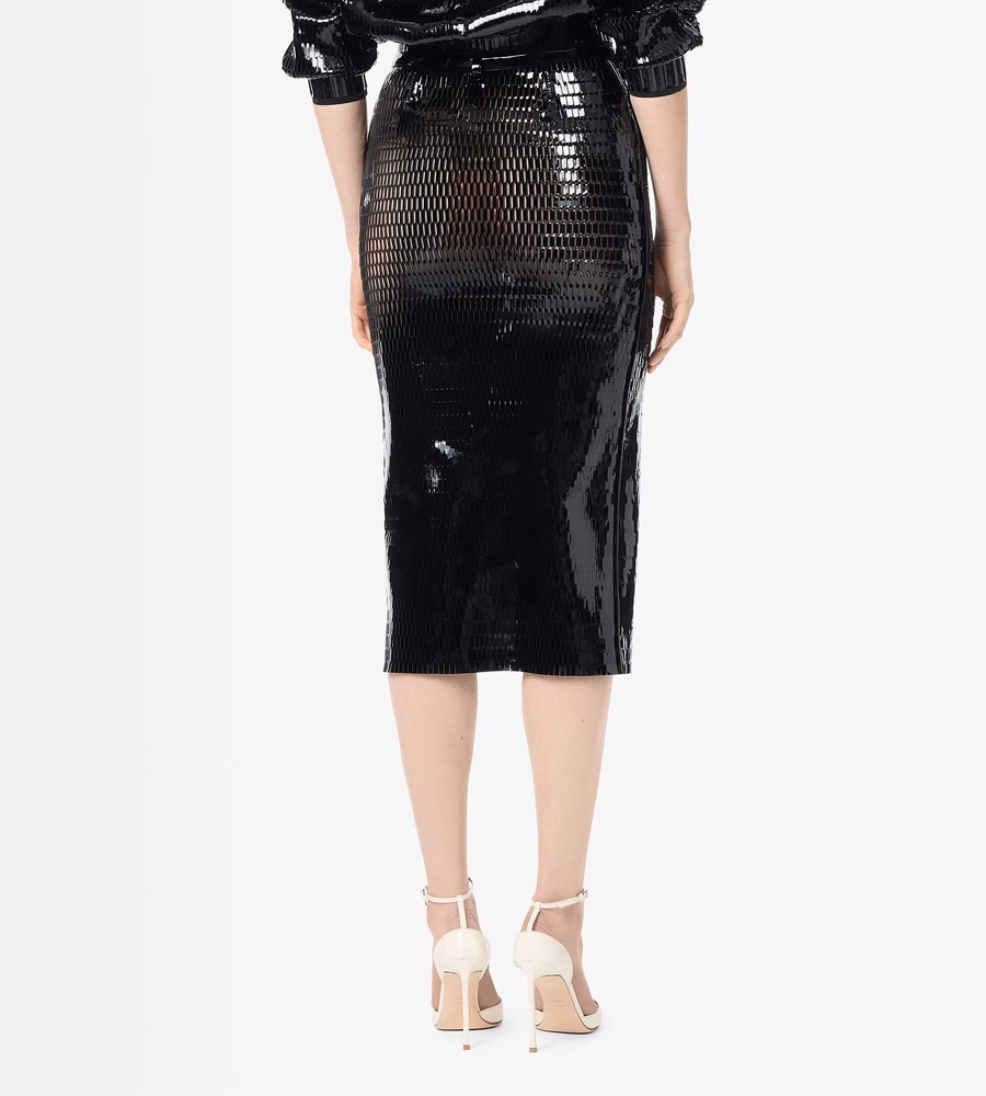 PERFORATED PATENT CALF LEATHER PENCIL SKIRT WITH SELF BELT