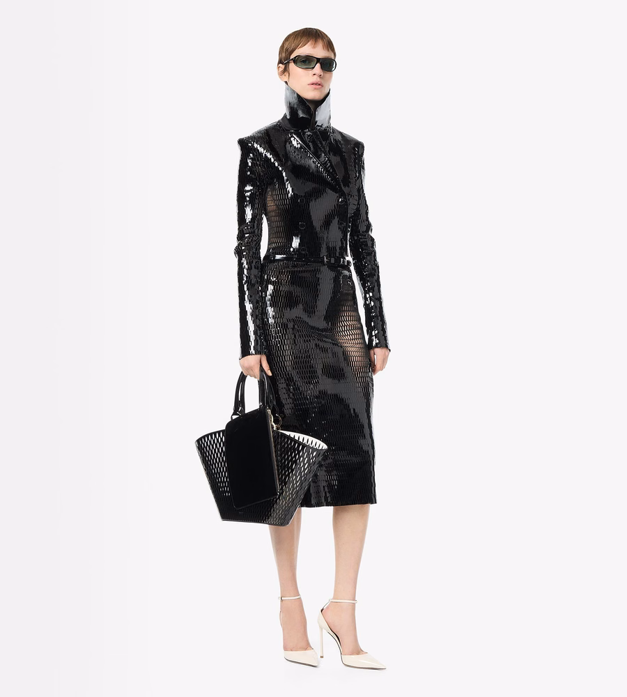 PERFORATED PATENT CALF LEATHER DOUBLE BREASTED JACKET