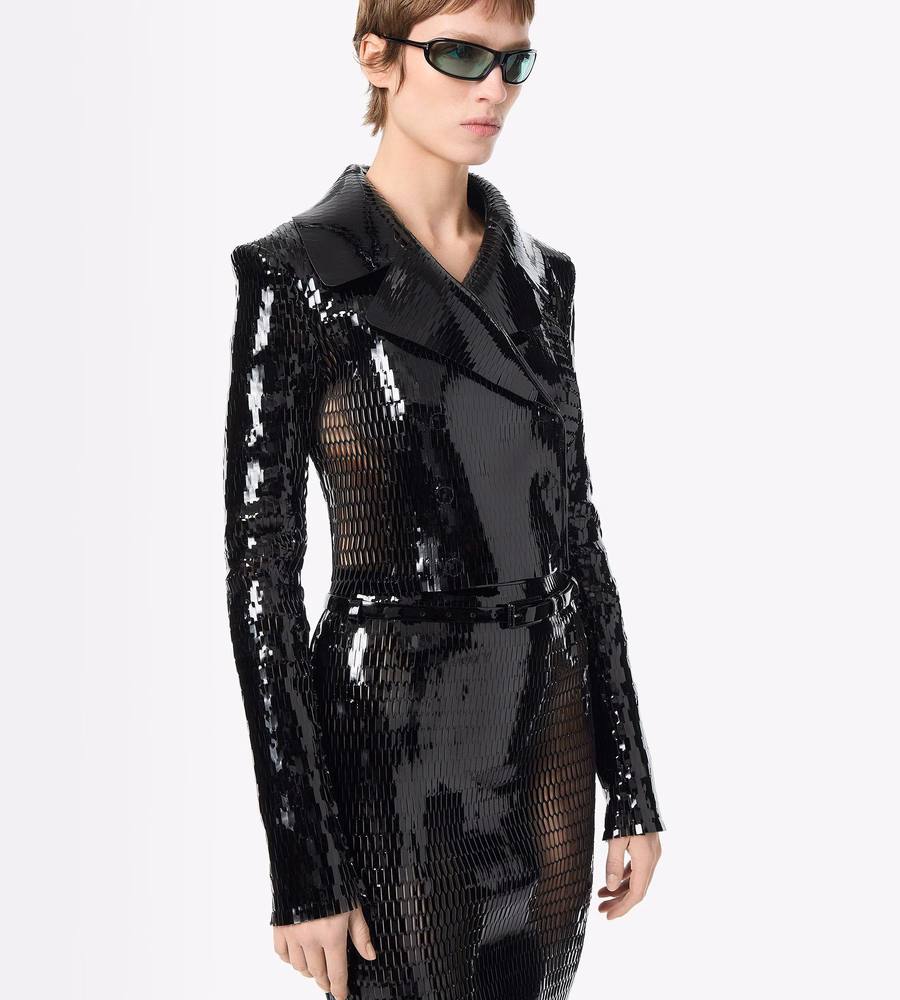 PERFORATED PATENT CALF LEATHER DOUBLE BREASTED JACKET
