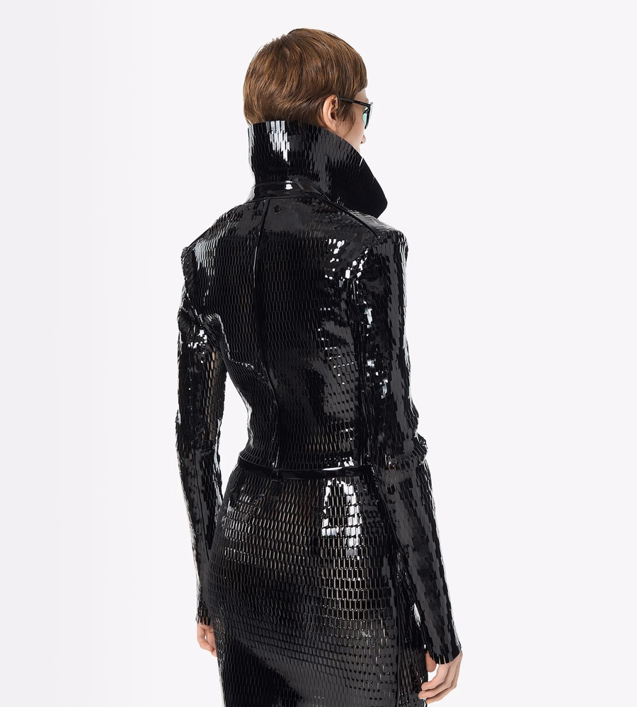 PERFORATED PATENT CALF LEATHER DOUBLE BREASTED JACKET