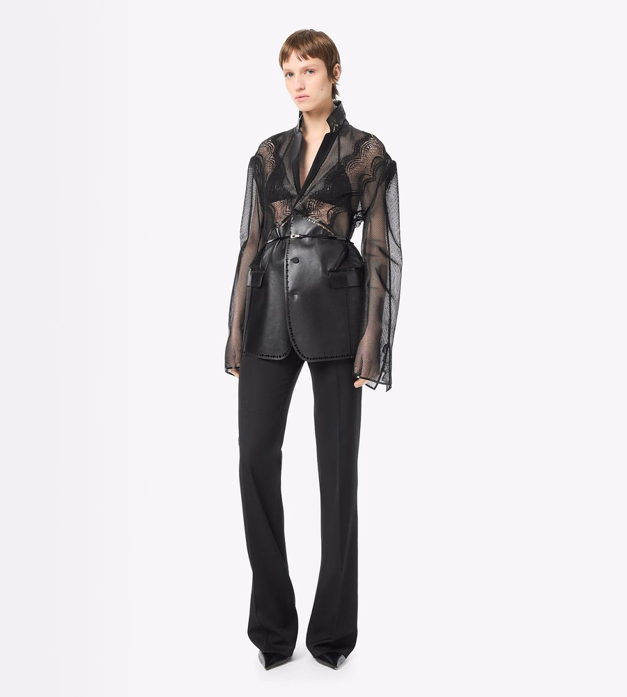 LEATHER AND LACE SINGLE BREASTED NOTCH LAPEL JACKET