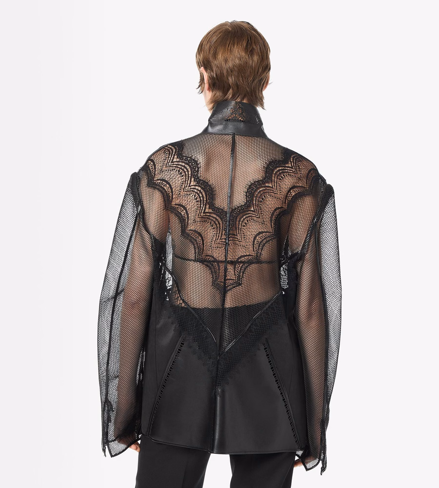 LEATHER AND LACE SINGLE BREASTED NOTCH LAPEL JACKET