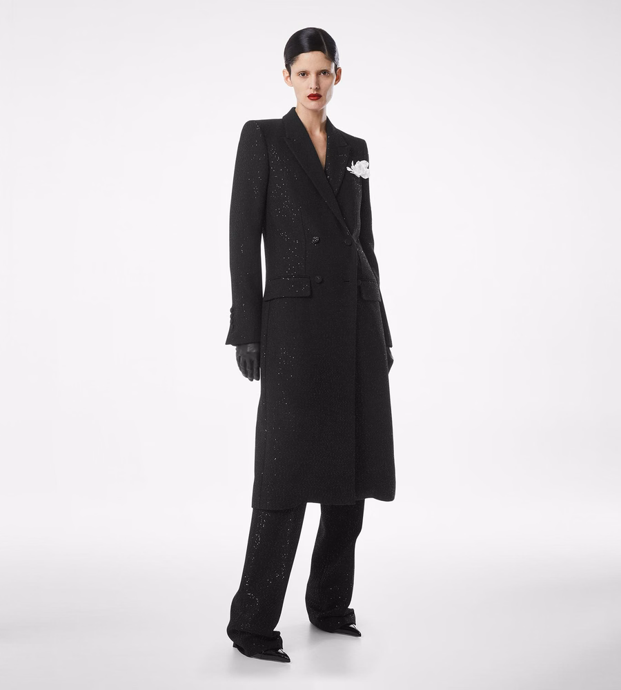 SEQUINED WOOL BLEND CREPE DOUBLE BREASTED COAT