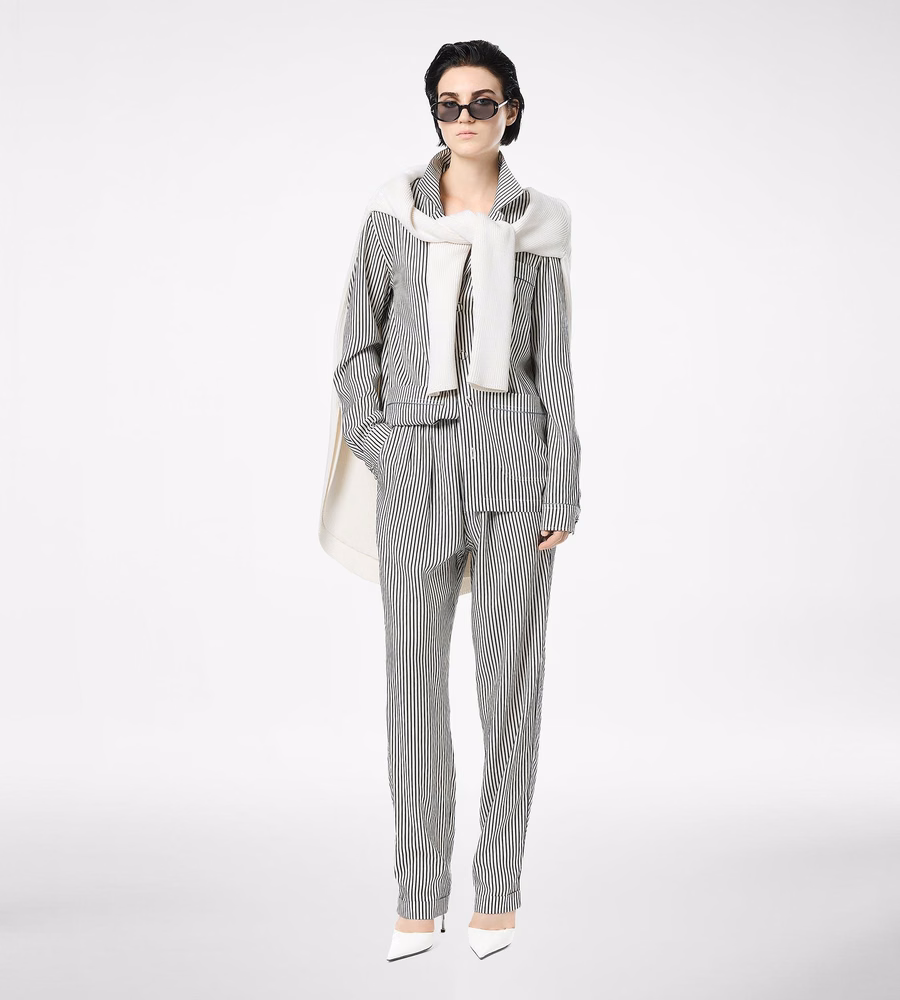 STRIPED SILK PJ SHIRT WITH PIPING AND TONAL TF EMBROIDERED LOGO