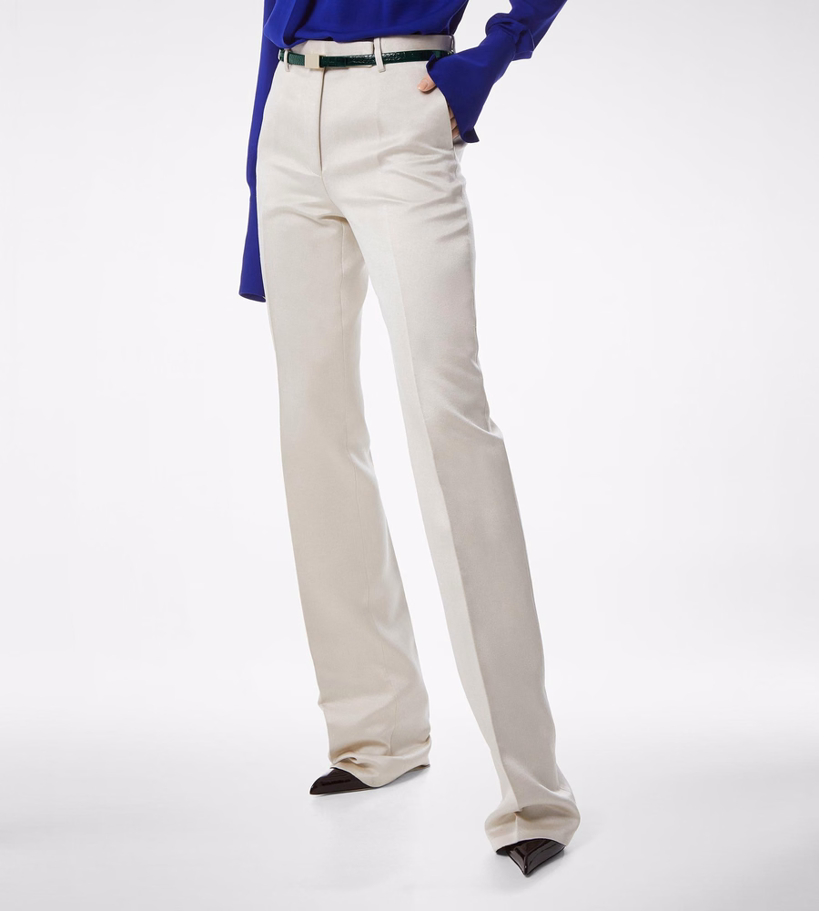 WASHED COTTON SILK BLEND DUCHESSE TAILORED STRAIGHT PANTS