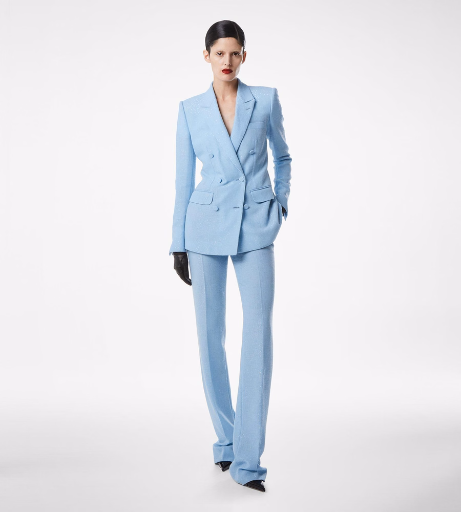 SEQUINED WOOL BLEND CREPE TAILORED STRAIGHT PANTS