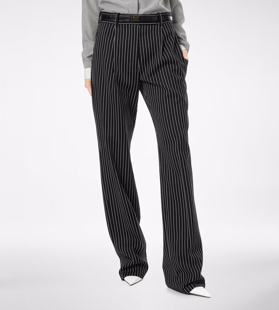STRIPED WOOL COTTON BARATHEA RELAXED PLEATED STRAIGHT PANTS