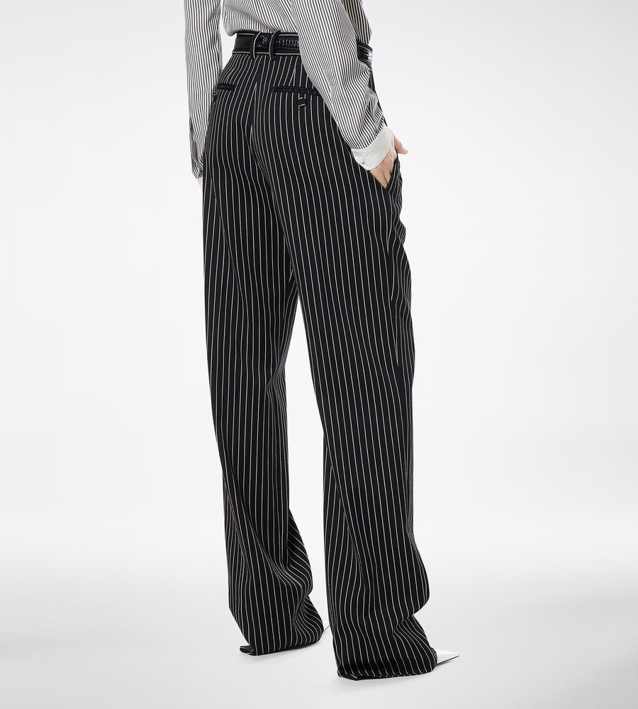STRIPED WOOL COTTON BARATHEA RELAXED PLEATED STRAIGHT PANTS