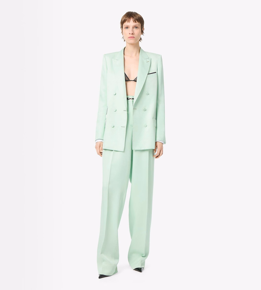 HEAVY SILK TWILL HIGH-WAIST TAILORED WIDE LEG PLEATED STRAIGHT PANTS