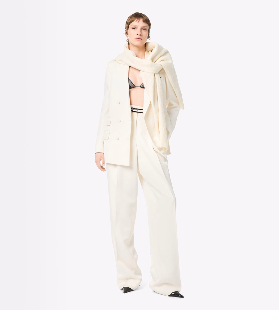 HEAVY SILK TWILL HIGH-WAIST TAILORED WIDE LEG PLEATED STRAIGHT PANTS