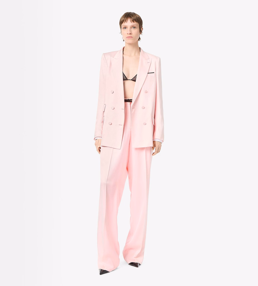 DOUBLE SILK SATIN HIGH-WAIST TAILORED WIDE LEG PLEATED STRAIGHT PANTS