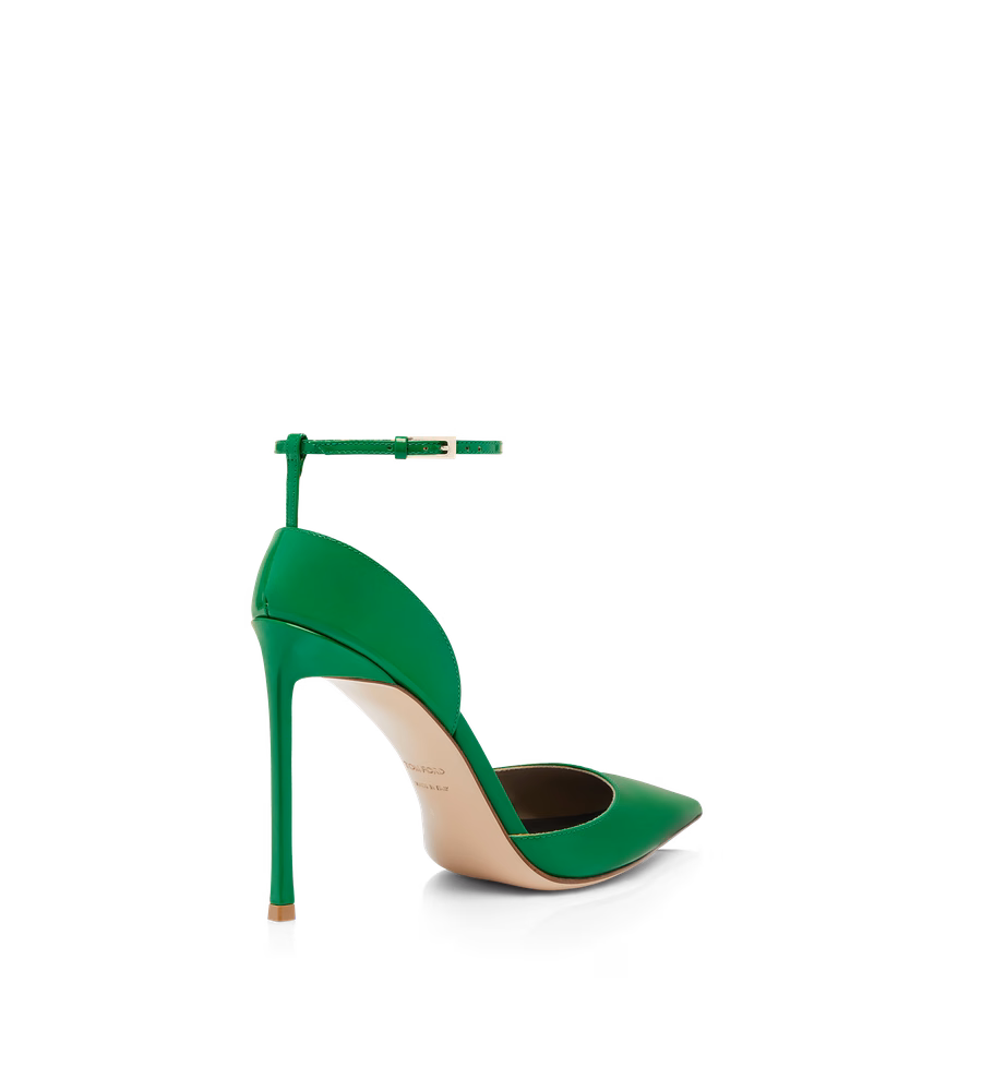 PATENT LEATHER VERTIGO ANKLE STRAP PUMP