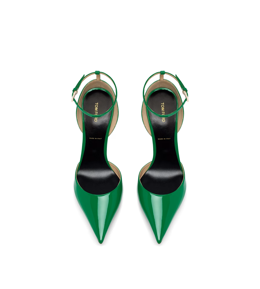 PATENT LEATHER VERTIGO ANKLE STRAP PUMP