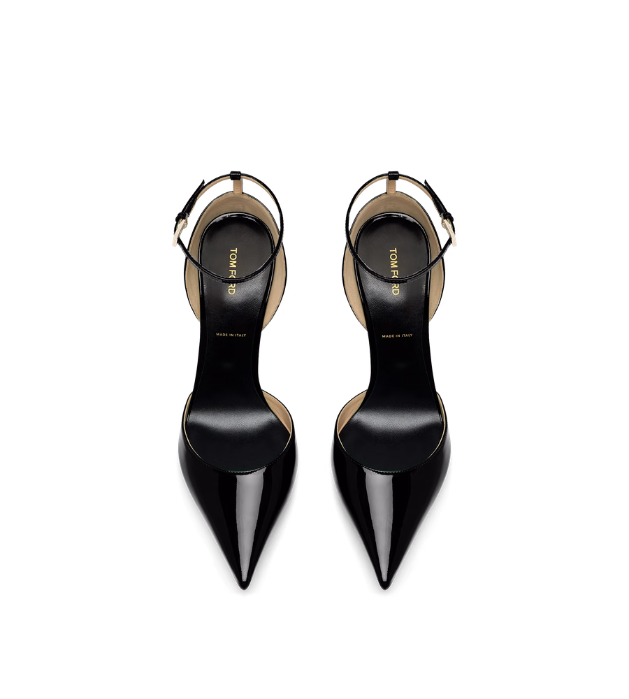 PATENT LEATHER VERTIGO ANKLE STRAP PUMP