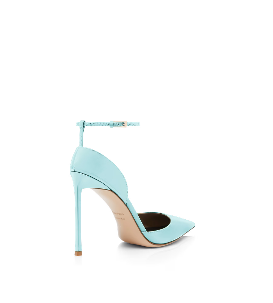 PATENT LEATHER VERTIGO ANKLE STRAP PUMP