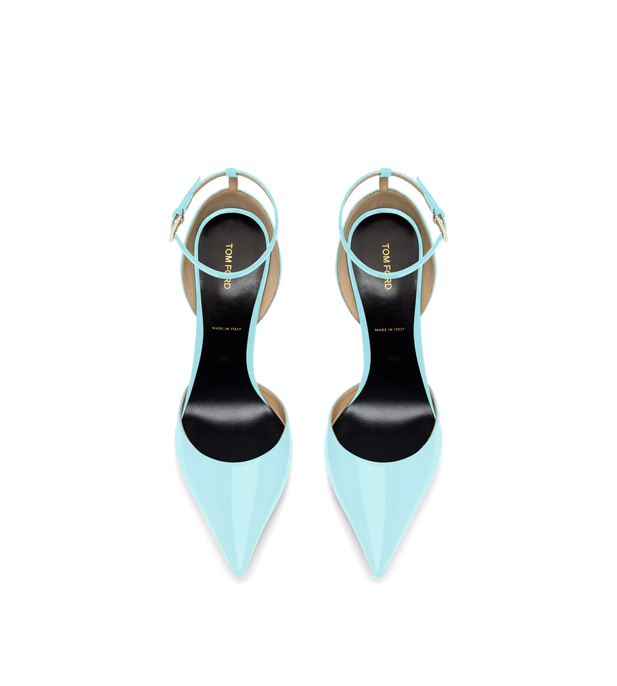 PATENT LEATHER VERTIGO ANKLE STRAP PUMP
