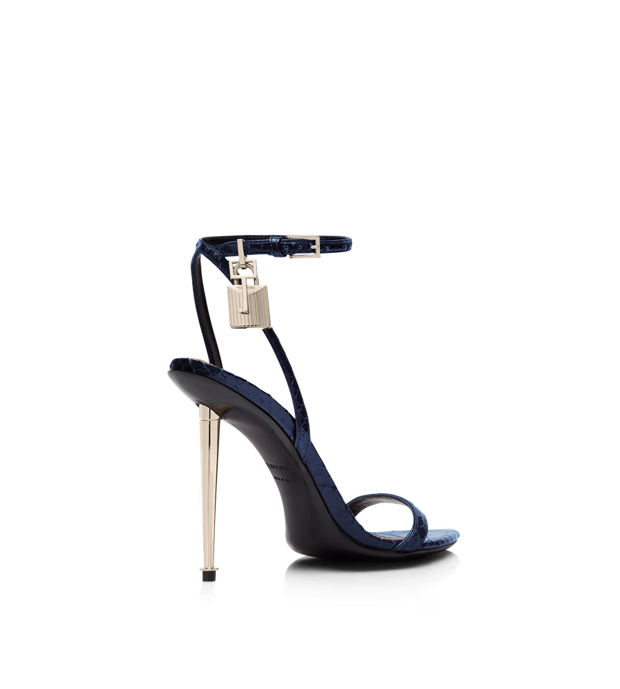 SEMI SHINY PRINTED PYTHON PADLOCK POINTY NAKED SANDAL