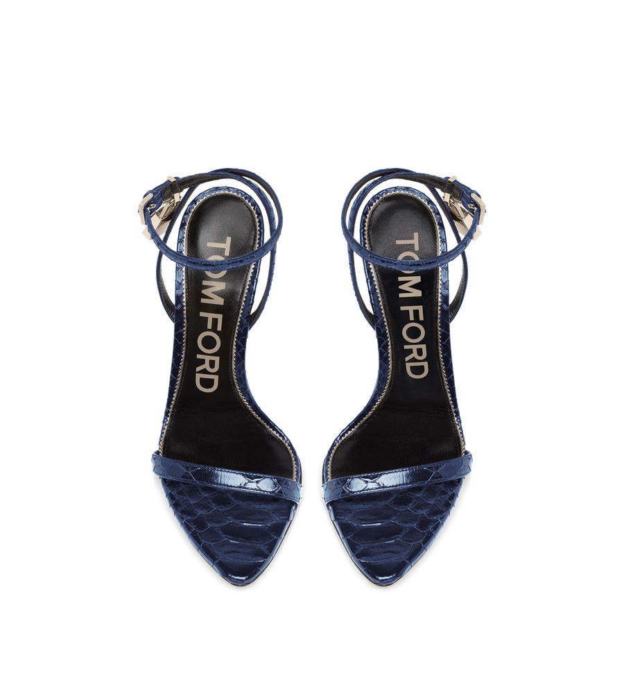 SEMI SHINY PRINTED PYTHON PADLOCK POINTY NAKED SANDAL