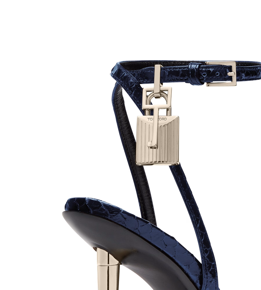 SEMI SHINY PRINTED PYTHON PADLOCK POINTY NAKED SANDAL