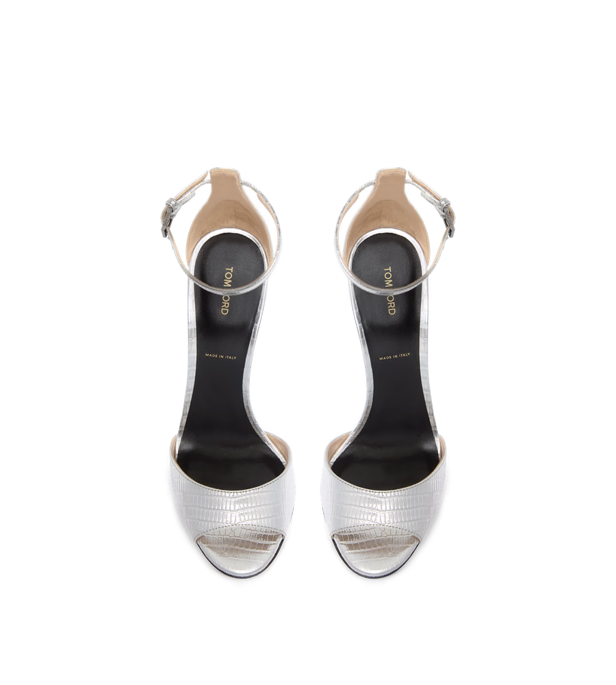 LAMINATED PRINTED TEJUS SPIRE ANKLE STRAP SANDAL