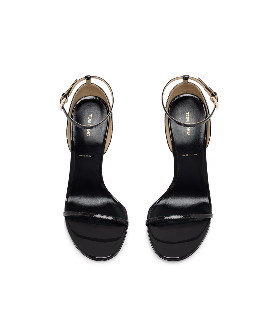 PATENT LEATHER VERTIGO ANKLE STRAP SANDAL