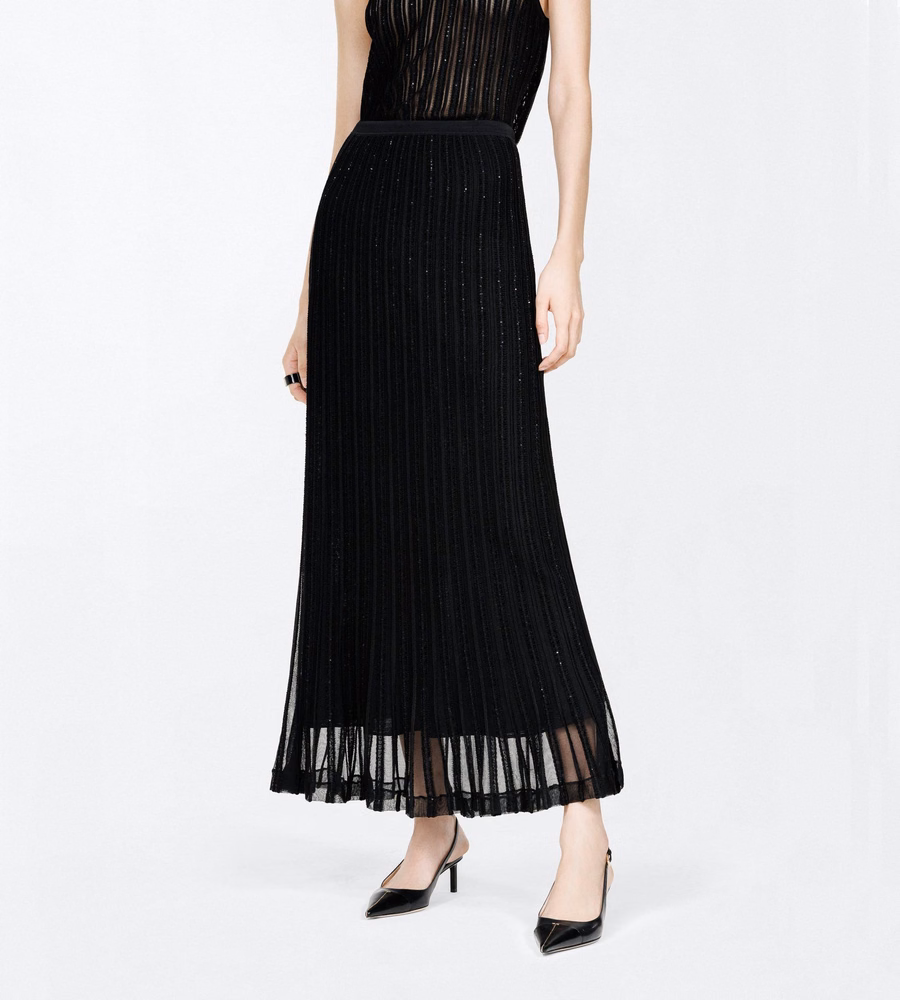SHEER VELVET TEXTURED STRIPE WITH MICRO SEQUINS MID-LENGTH EVENING SKIRT
