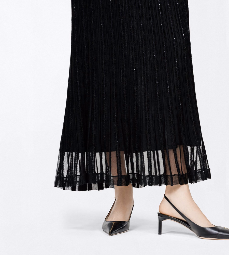SHEER VELVET TEXTURED STRIPE WITH MICRO SEQUINS MID-LENGTH EVENING SKIRT