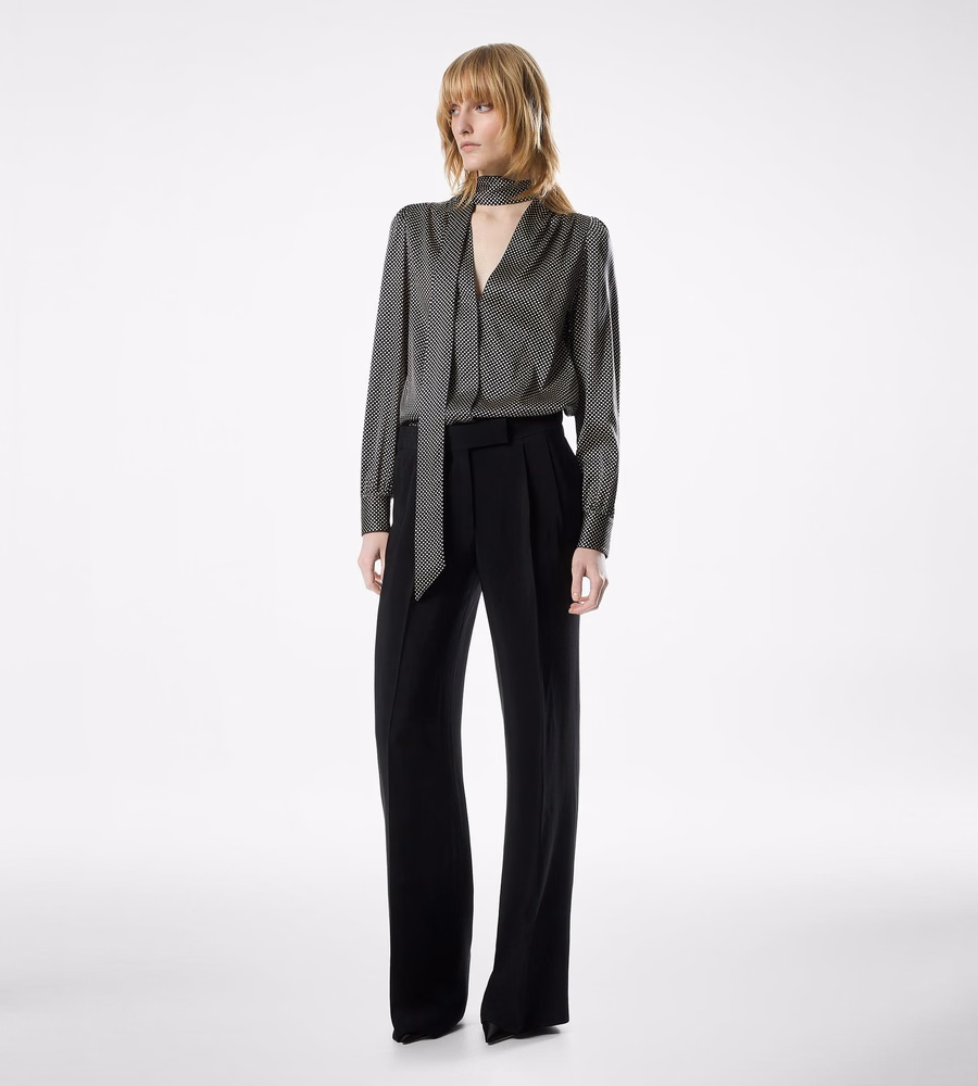 LONG SLEEVE V-NECK LAVALLIERE SILK BLOUSE