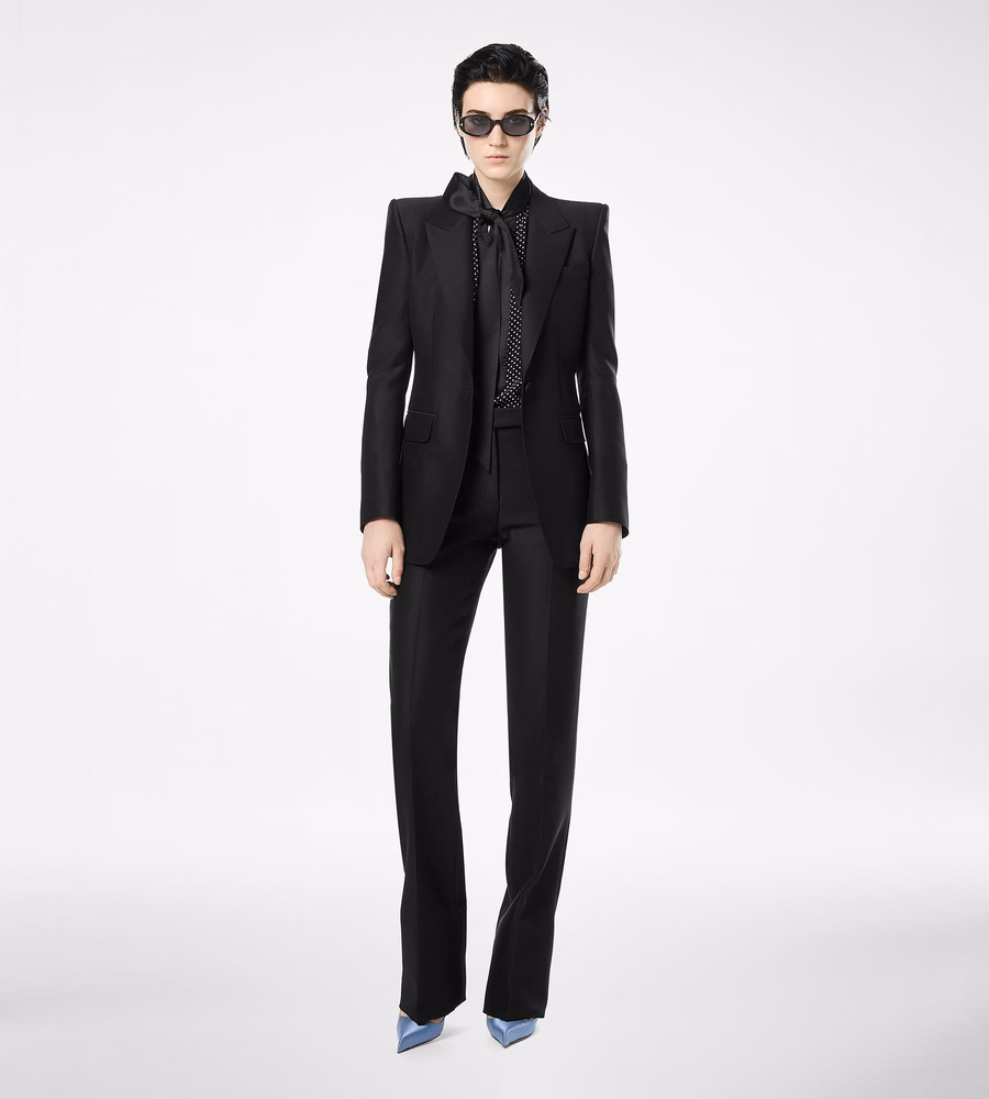 POLKA DOT SILK CREPE DE CHINE LAVALLIERE TUNIC TOP WITH TUXEDO DETAILS