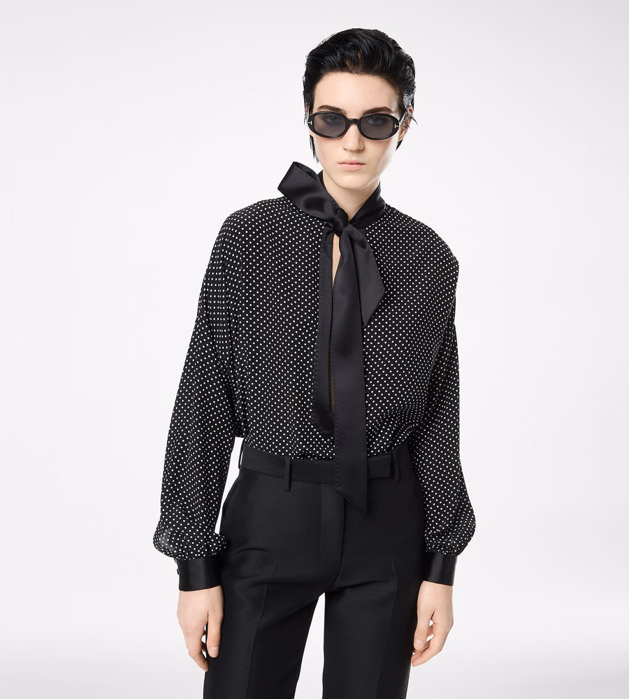 POLKA DOT SILK CREPE DE CHINE LAVALLIERE TUNIC TOP WITH TUXEDO DETAILS