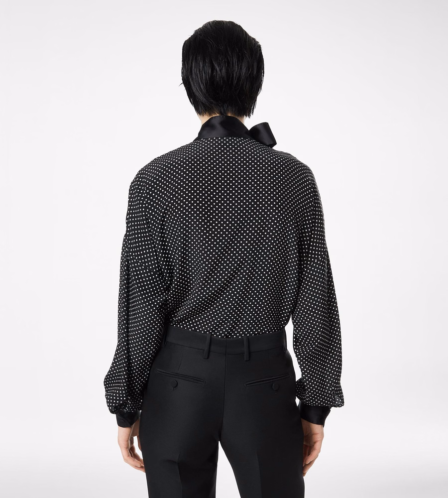 POLKA DOT SILK CREPE DE CHINE LAVALLIERE TUNIC TOP WITH TUXEDO DETAILS