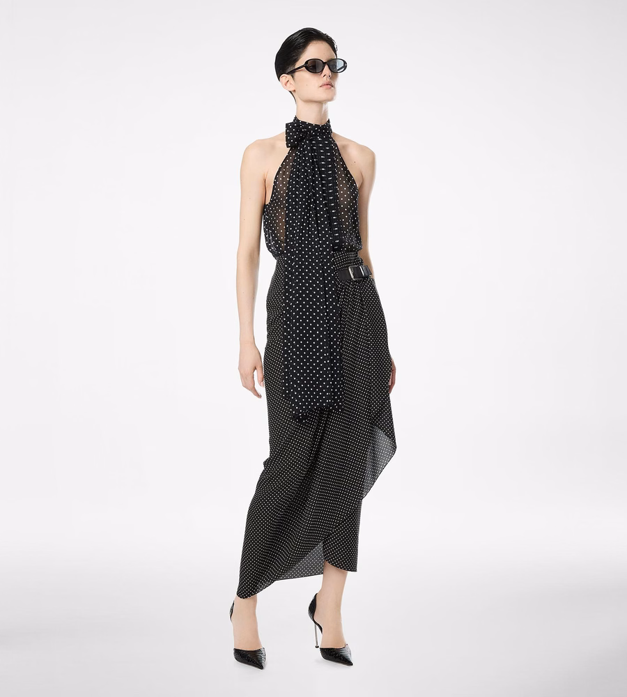 POLKA DOT SILK GEORGETTE HALTERNECK LAVALLIERE TOP WITH PLISSE DETAIL