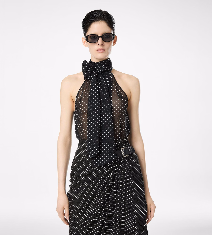POLKA DOT SILK GEORGETTE HALTERNECK LAVALLIERE TOP WITH PLISSE DETAIL