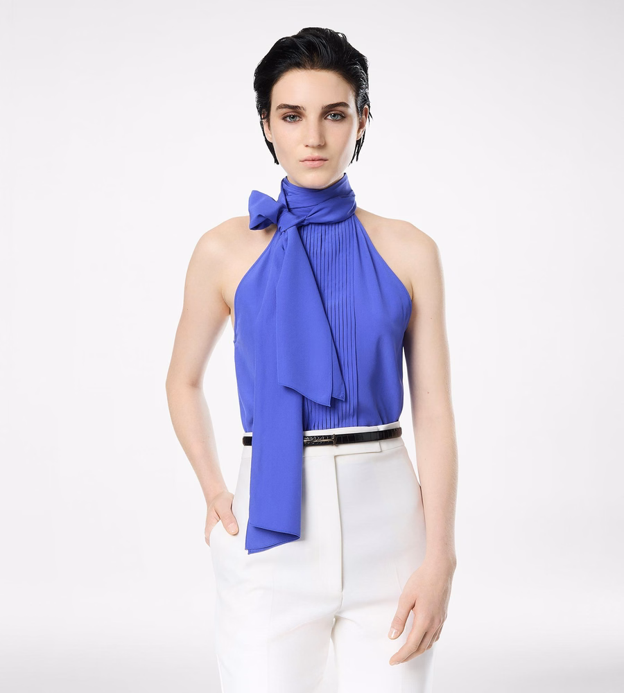 SILK HALTERNECK LAVALLIERE TOP WITH PLISSE DETAIL