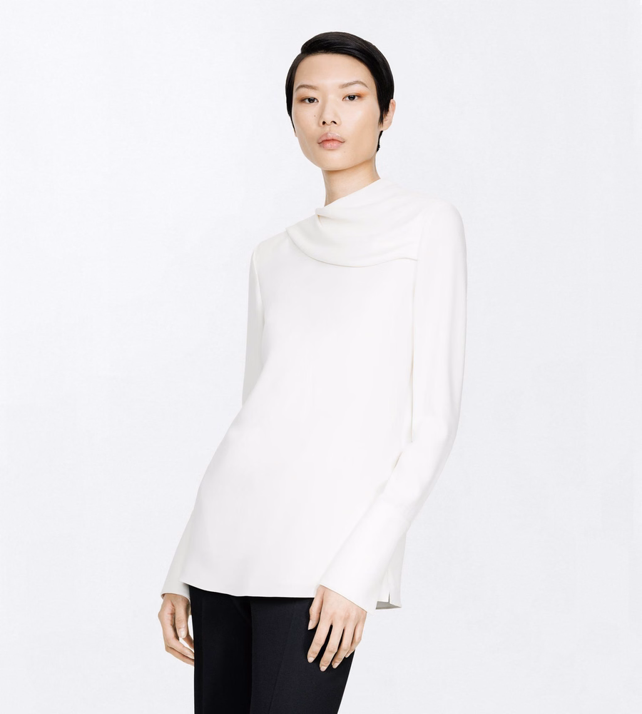 SILK CREPE LONG SLEEVE DRAPED COLLAR BLOUSE