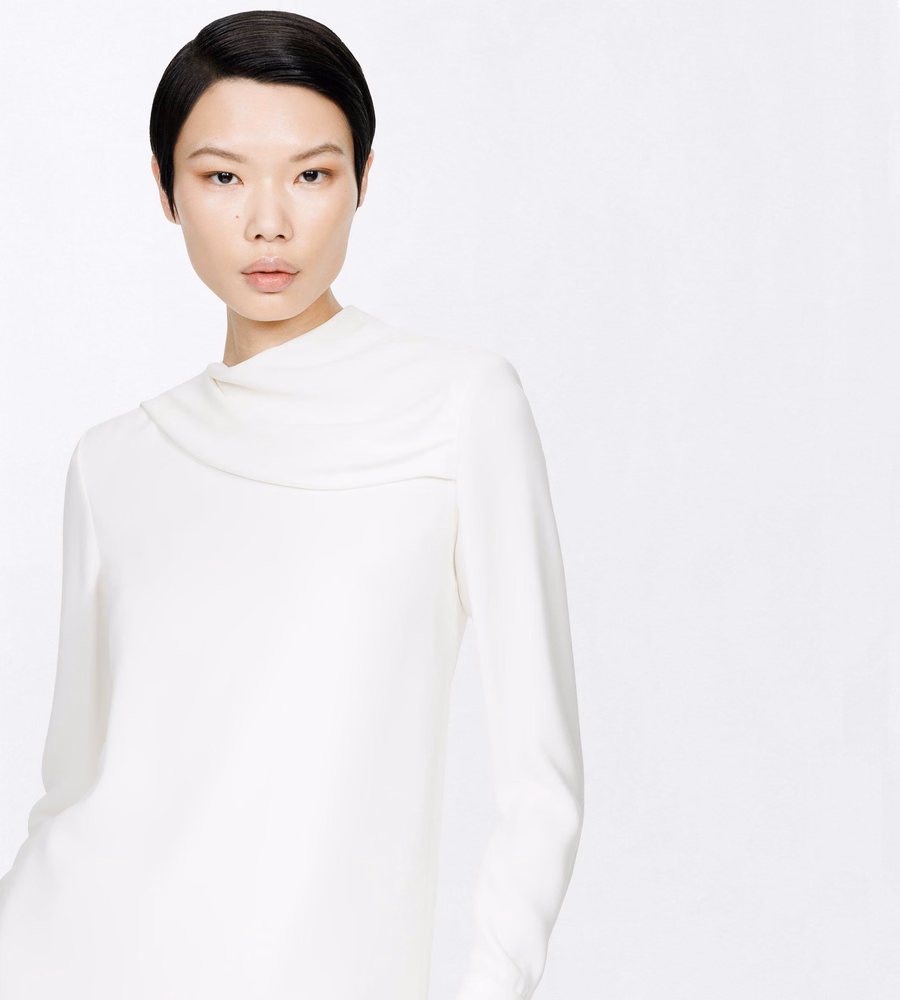 SILK CREPE LONG SLEEVE DRAPED COLLAR BLOUSE