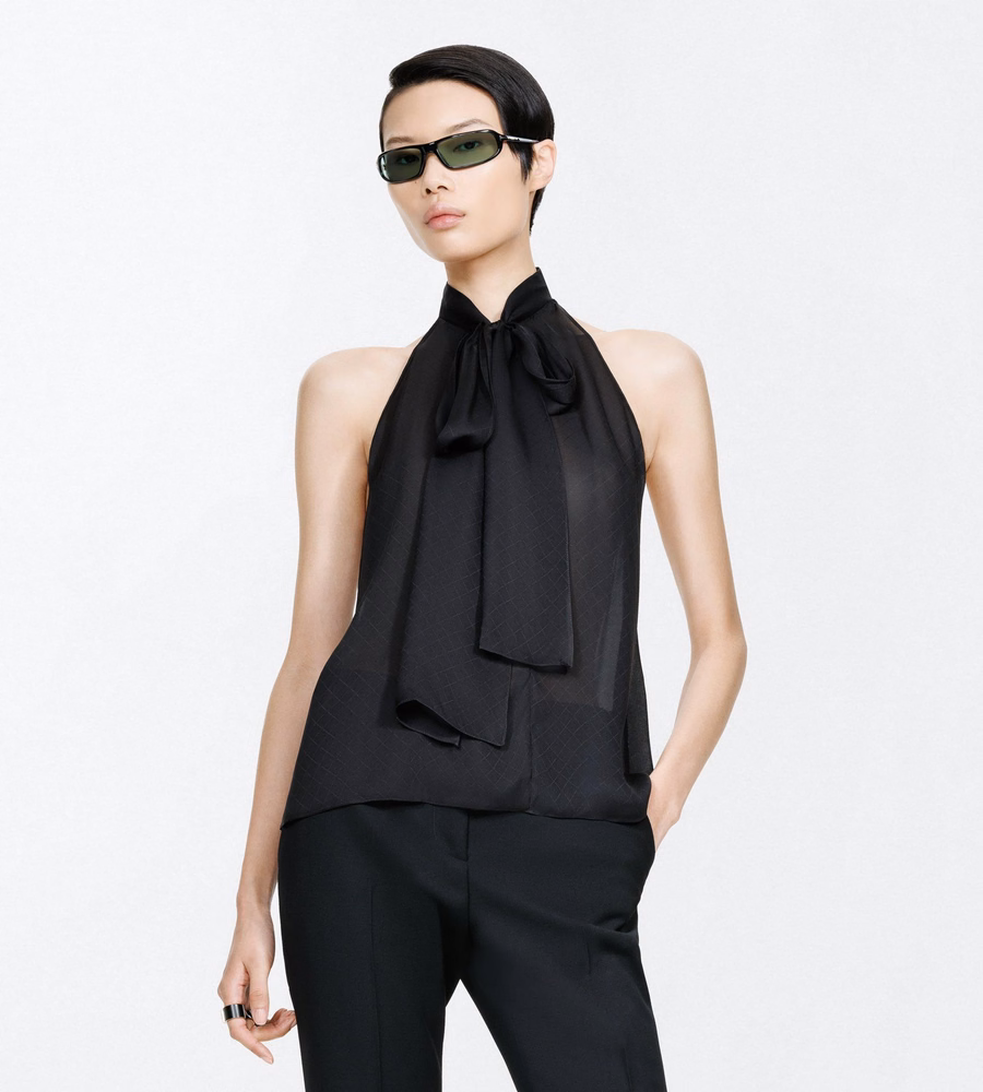 TF MONOGRAM SILK CHIFFON HALTERNECK LAVALLIERE TOP WITH OPEN BACK