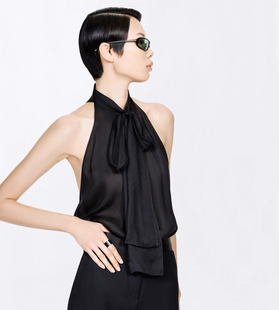 TF MONOGRAM SILK CHIFFON HALTERNECK LAVALLIERE TOP WITH OPEN BACK