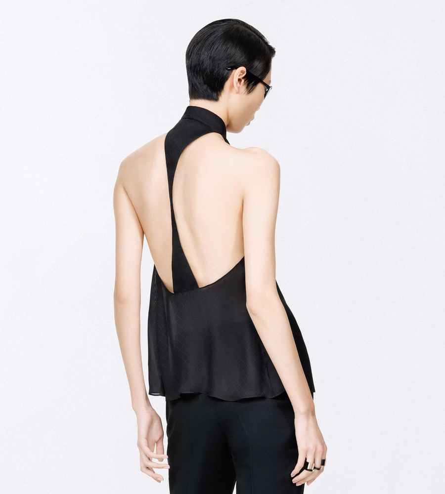 TF MONOGRAM SILK CHIFFON HALTERNECK LAVALLIERE TOP WITH OPEN BACK